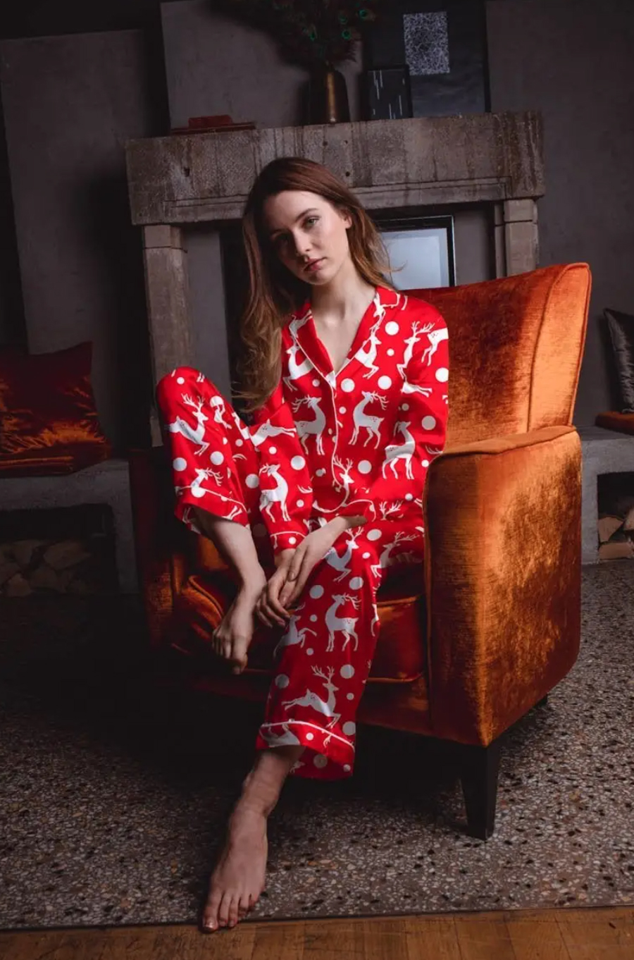 Averie Women's Satin Pajama Top Navy Lion Print Button Up Long Sleeve Small